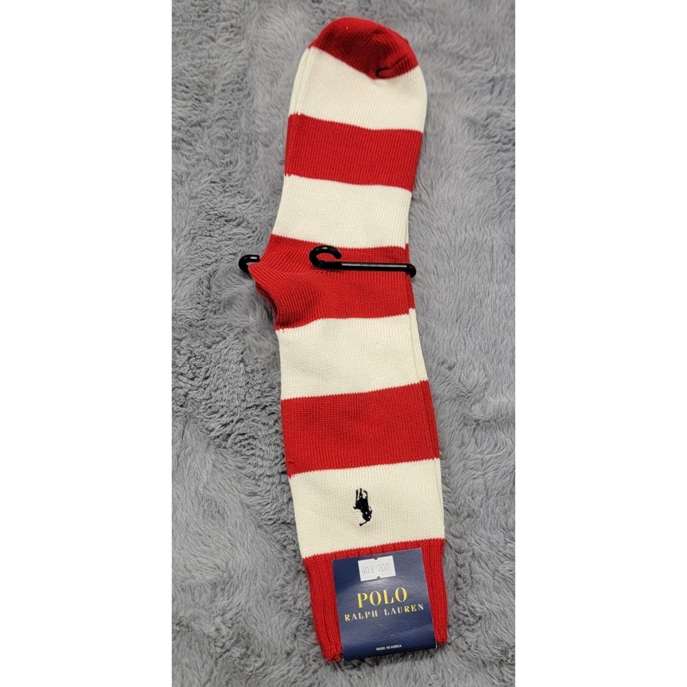 Polo Ralph Lauren Socks Mens 10-13 Red White Waldo Rugby Stripe Pony Crew